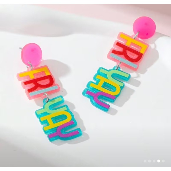Fri-Yay Drop Earrings Multi-Color Neon Statement Dangles Retro Pop Art - Picture 8 of 8